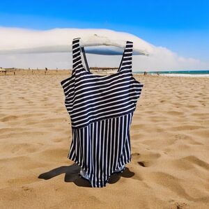 Lands End Size 14DD Blue White Striped‎ Tank Built In Pads One Piece Swimsuit
